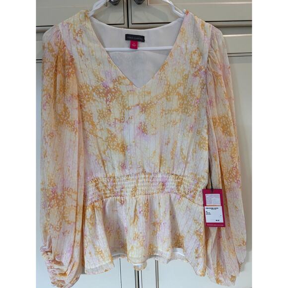 Vince Camuto V-Neck Balloon Sleeves Tie Dye Metallic Lining Top, Yellow S NWT - Picture 4 of 9